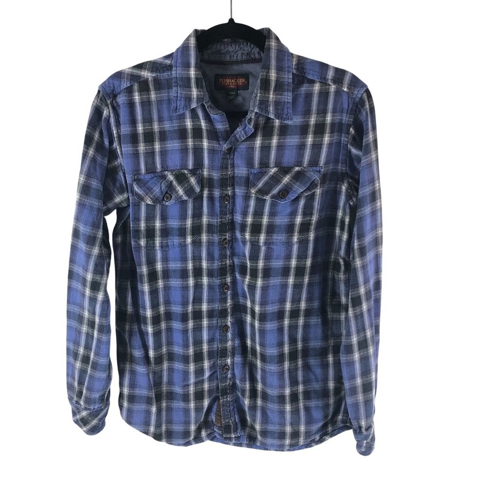 Flyshacker Mens Flannel Shirt Button Down Chest Pockets Cotton Plaid Blue S